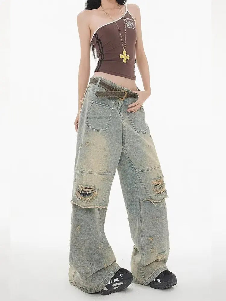 American High Street Wasteland Style Ripped Jeans Spring and Summer Loose Washing and Old Wide-leg Japanese and Korean Baggy