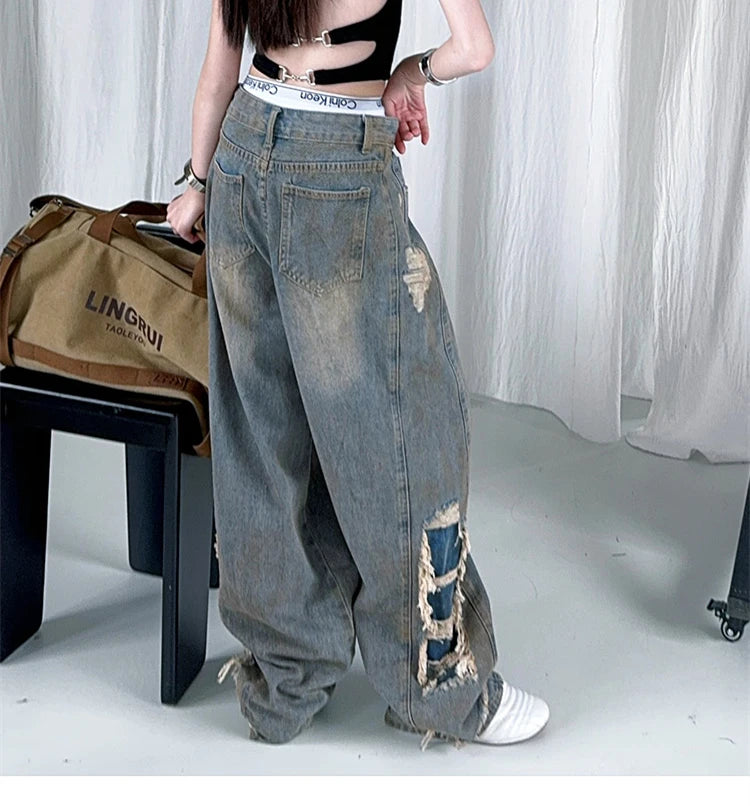 Kids Child American Vintage Washed and Distressed Jeans with Side Hole For Girl High Street Fashion  Wide Leg Broken Denim Pants