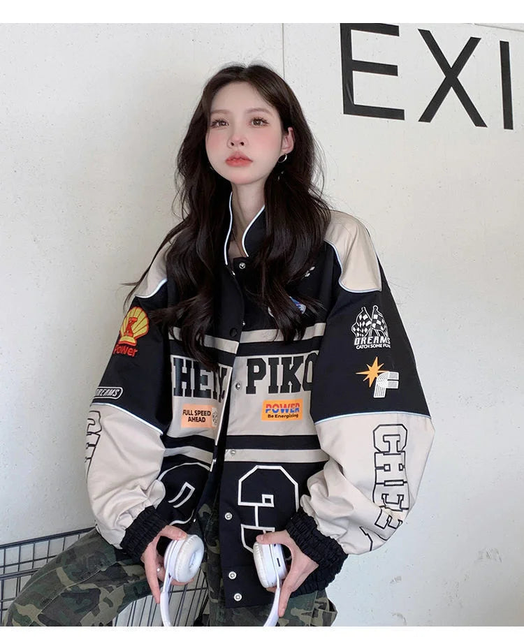 2023 Y2k Red White Bomber F1 Jacket Women Men Biker Racer Jacket Retro Hip Hop Grunge Clothes Trend Oversize Windbreaker Varsity