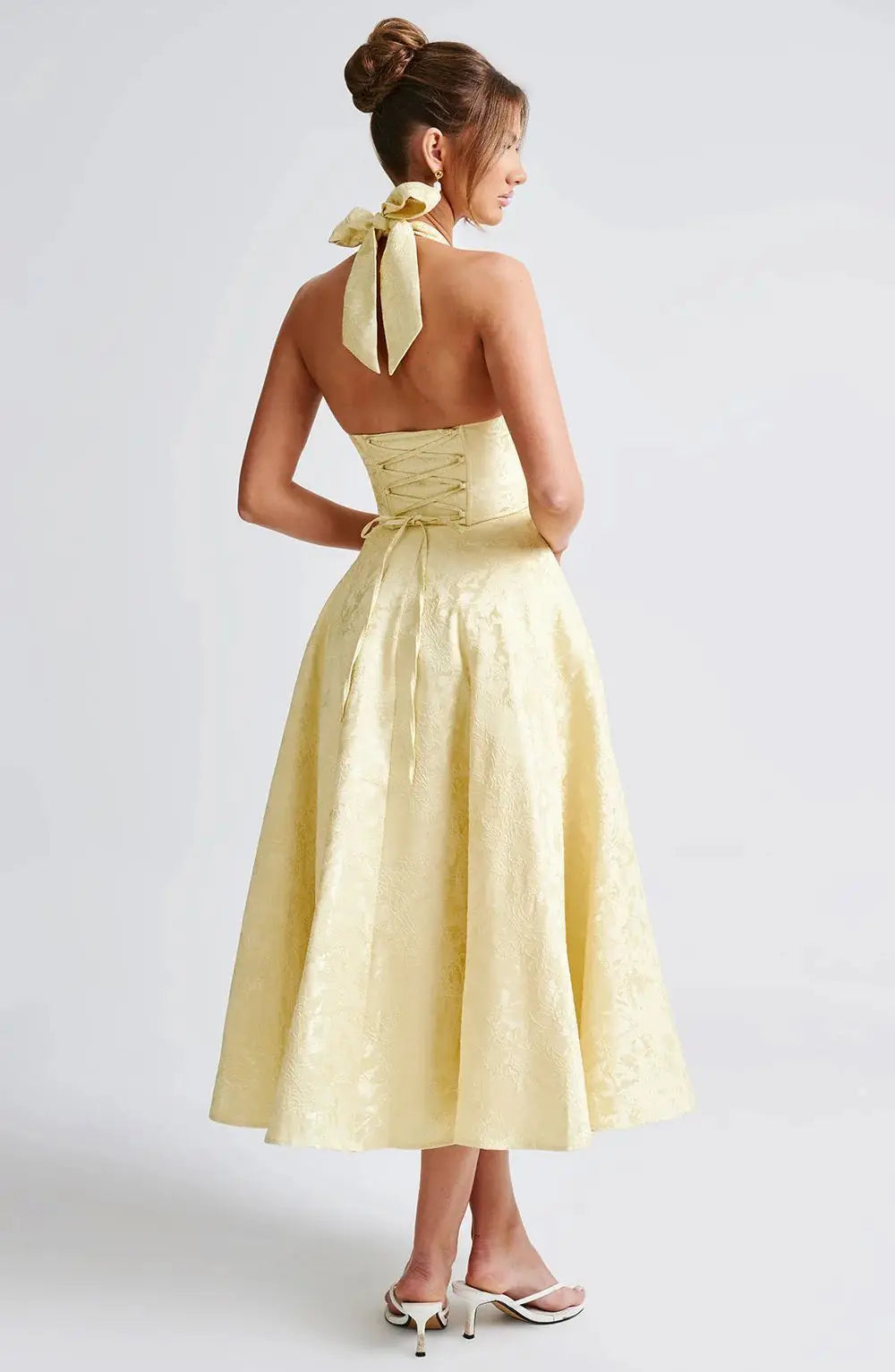 NIDANSSI White Jacquard Pleated Evening Party Dress Women Robes Backless Elegant Sexy Dress Bodycon Long Summer Dress Vestidos