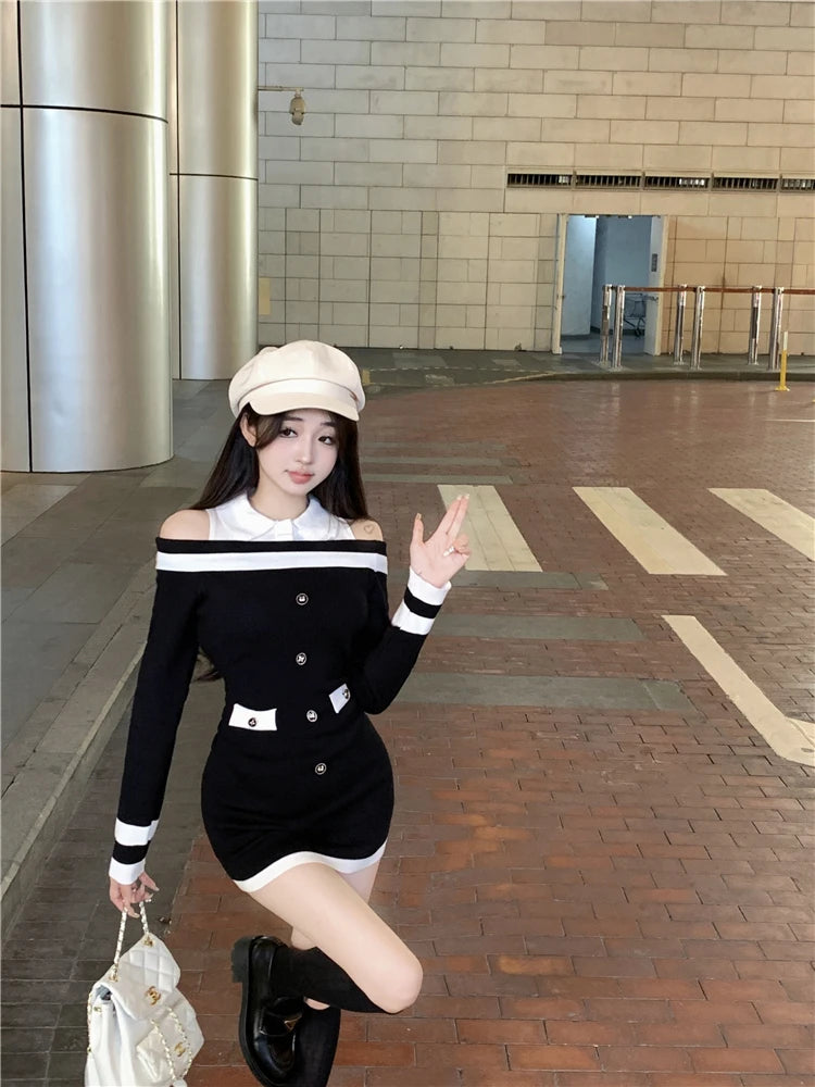Hot Girl Off Shoulder Long-sleeved Knitted Dress Women's Autumn Fake Two-piece Shirts Spliced Sexy Wrapped Hip Short Dress