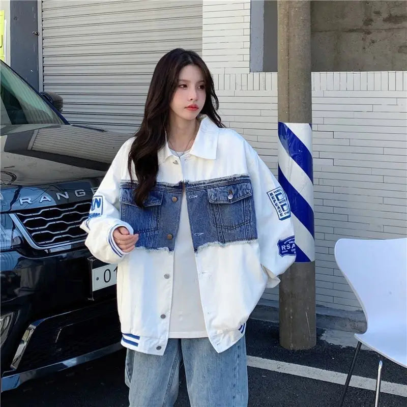 Denim Jacket Embroidered Baseball Uniforms Bomber Jackets Streetwear Harajuku Y2k Tops Trench Coats Hip Hop Long Sleeve Coats