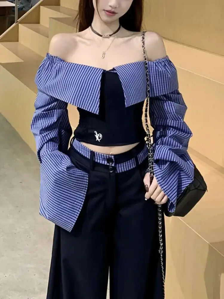 SHENGPALAE 2025 Spring New Contrast Color Slash Neck Pullover Women Straight Loose Ankle Length Pants Fashion Clothing 5ZD1278