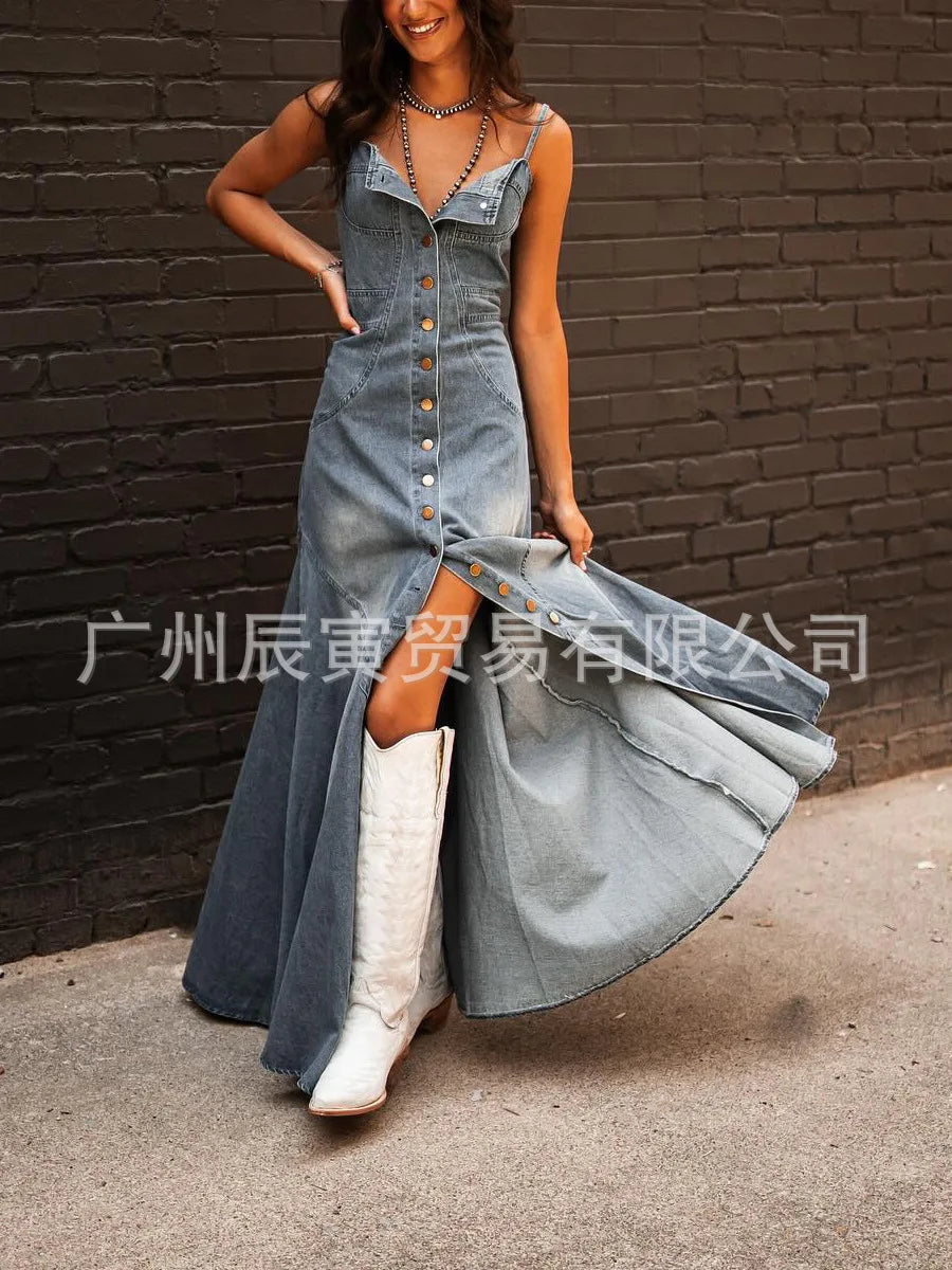 Europe and The United States Retro Wash Do Old Denim Halter Slim Single-breasted Big Swing Dress for Women's Summer Vestidos