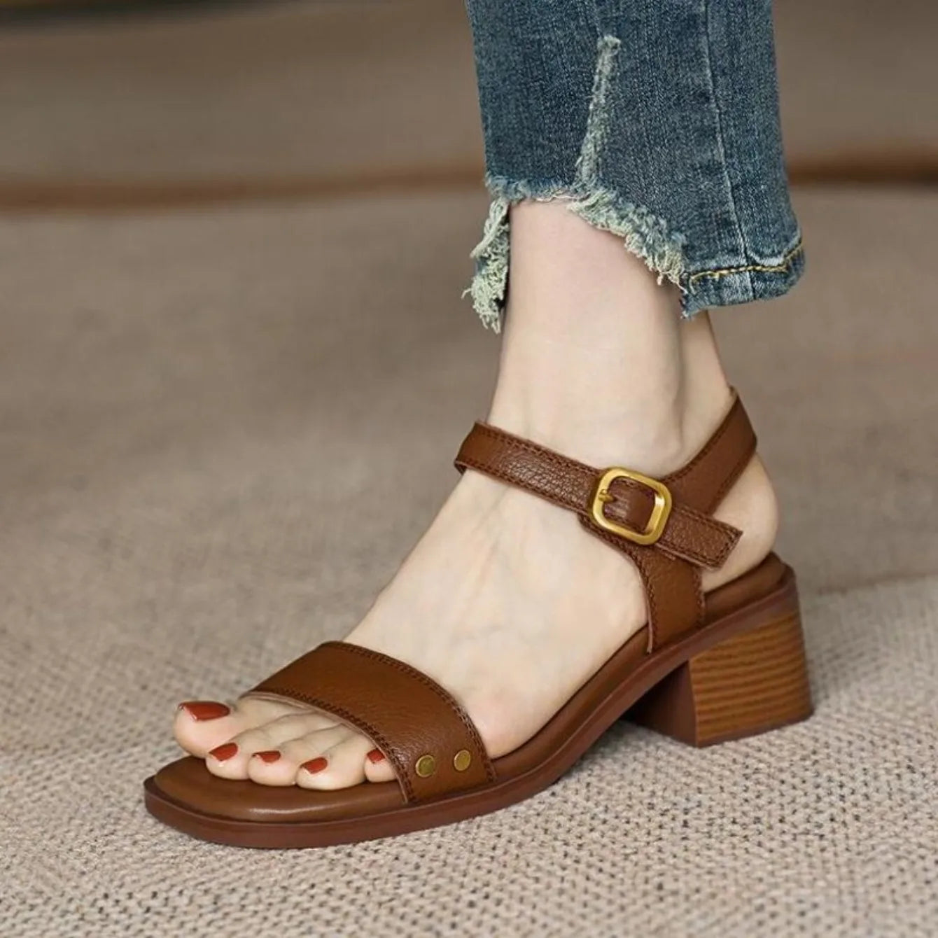 Women Sandals Summer Real Soft Leather Thick Heel Vintage Brown Sandals Women Cross One Line Strap High Heels Mary Jane Shoes