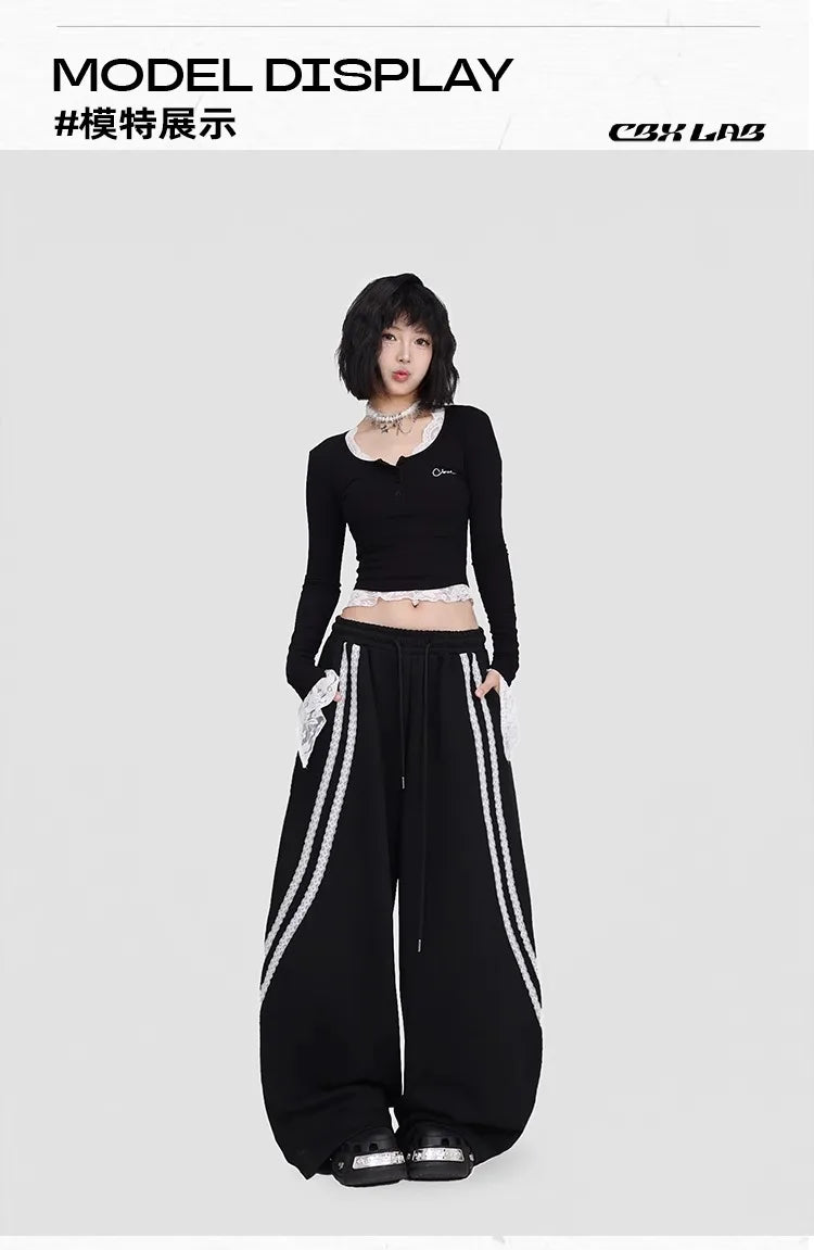 CBXLAB Street Dance Women' s Black lace pull-tab jazz pants K-pop spicy girl long pants street leisure pants trendy.