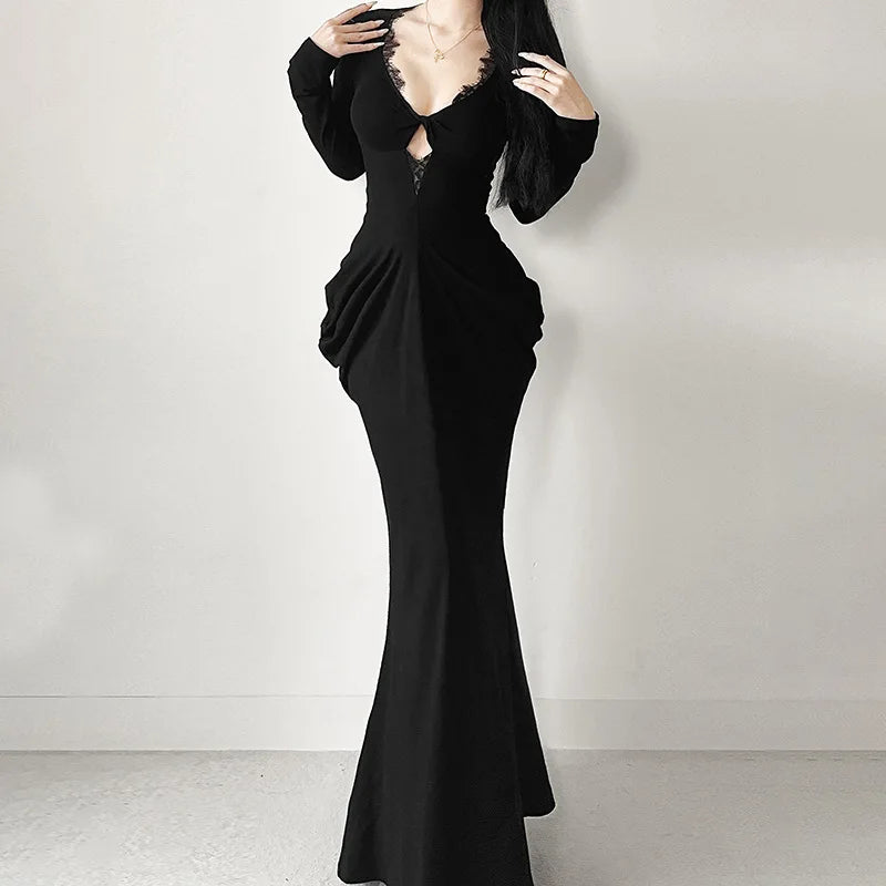 AltGoth Fairycore Grunge Elegant Midi Dress Women Mall Gothic Sexy Lace Patchwork Hollow Out Long Sleeve High Waist Corset Dress