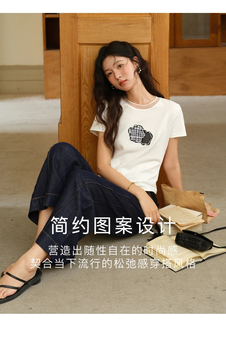 MISHOW Lace Edge Splicing Short Sleeve T-shirt for Women 2025 Summer Female Round Neck Simple Top Women's Clothing MXE38T0630