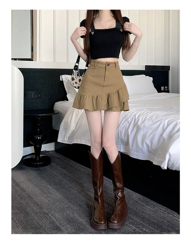 High Waist A-Line  Skirt Women's Spring Summer Denim f-length Skirts with Lace Hemline Cotton Polyester Blend