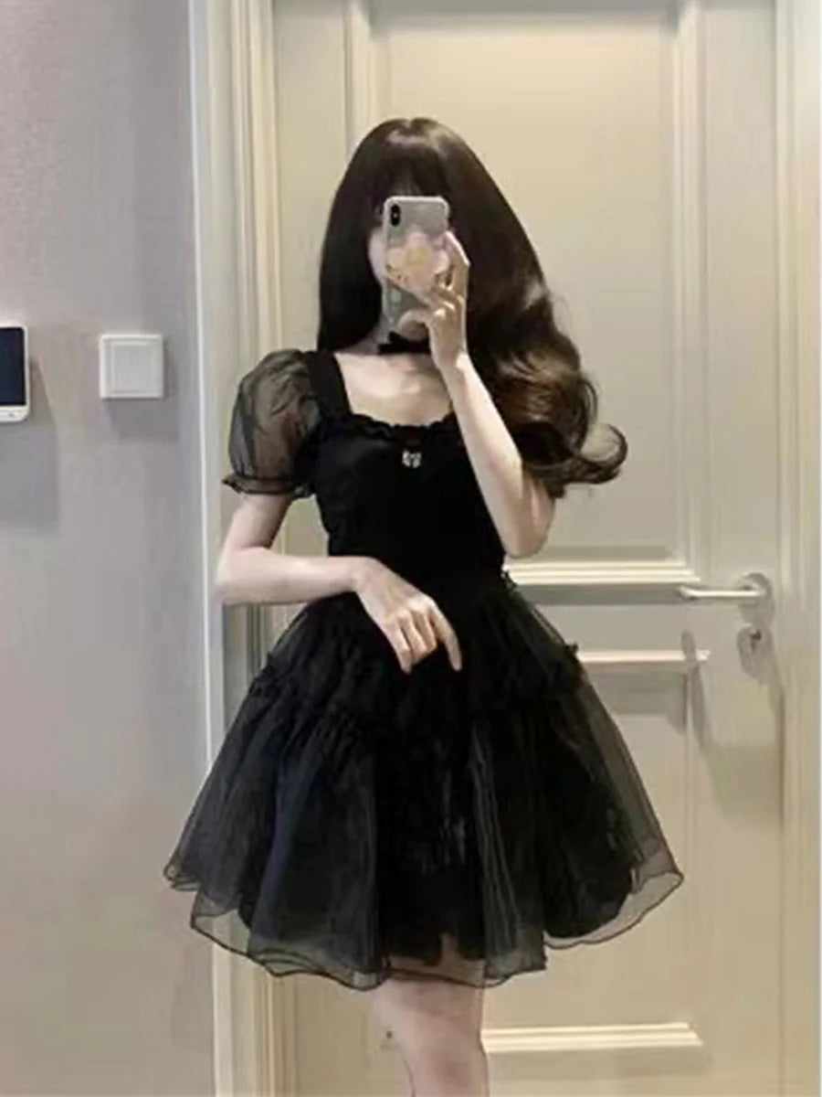2023 Summer New Black Yarn Dress Fluffy Small Short Square Neck Spicy Girl Sweet Style Small Puff Sleeve Sexy Lovely Short FO30