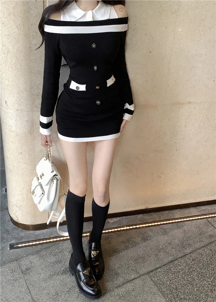 Hot Girl Off Shoulder Long-sleeved Knitted Dress Women's Autumn Fake Two-piece Shirts Spliced Sexy Wrapped Hip Short Dress