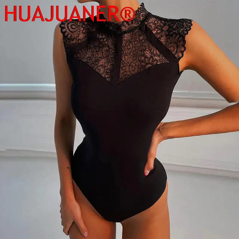 Women Sexy Black Lace Bodysuits Rompers Sleeveless Slinky New Fashion Bodycon Wrap Bodysuit