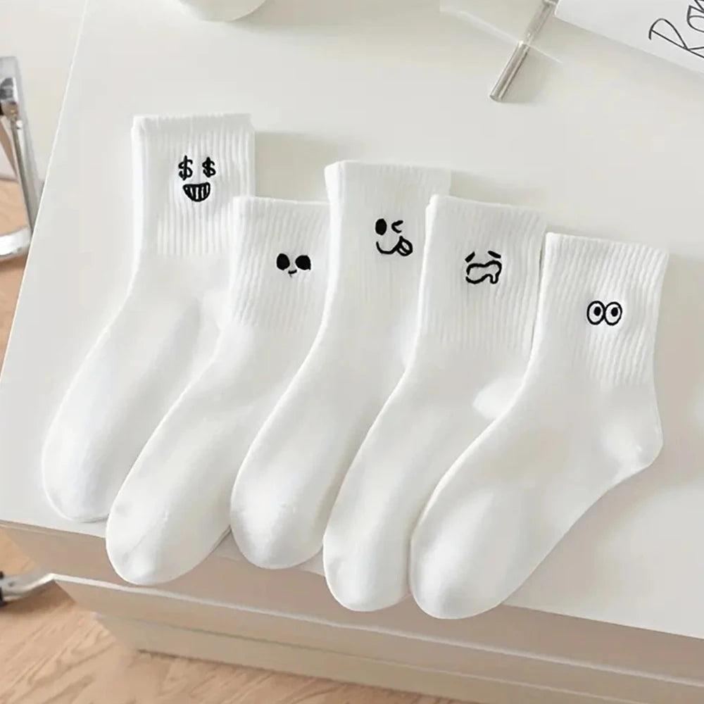 5/10 Pairs Women White Cartoon Socks Trendy Versatile Expression Socks Simple Design Soft Breathable Comfortable Casual Socks