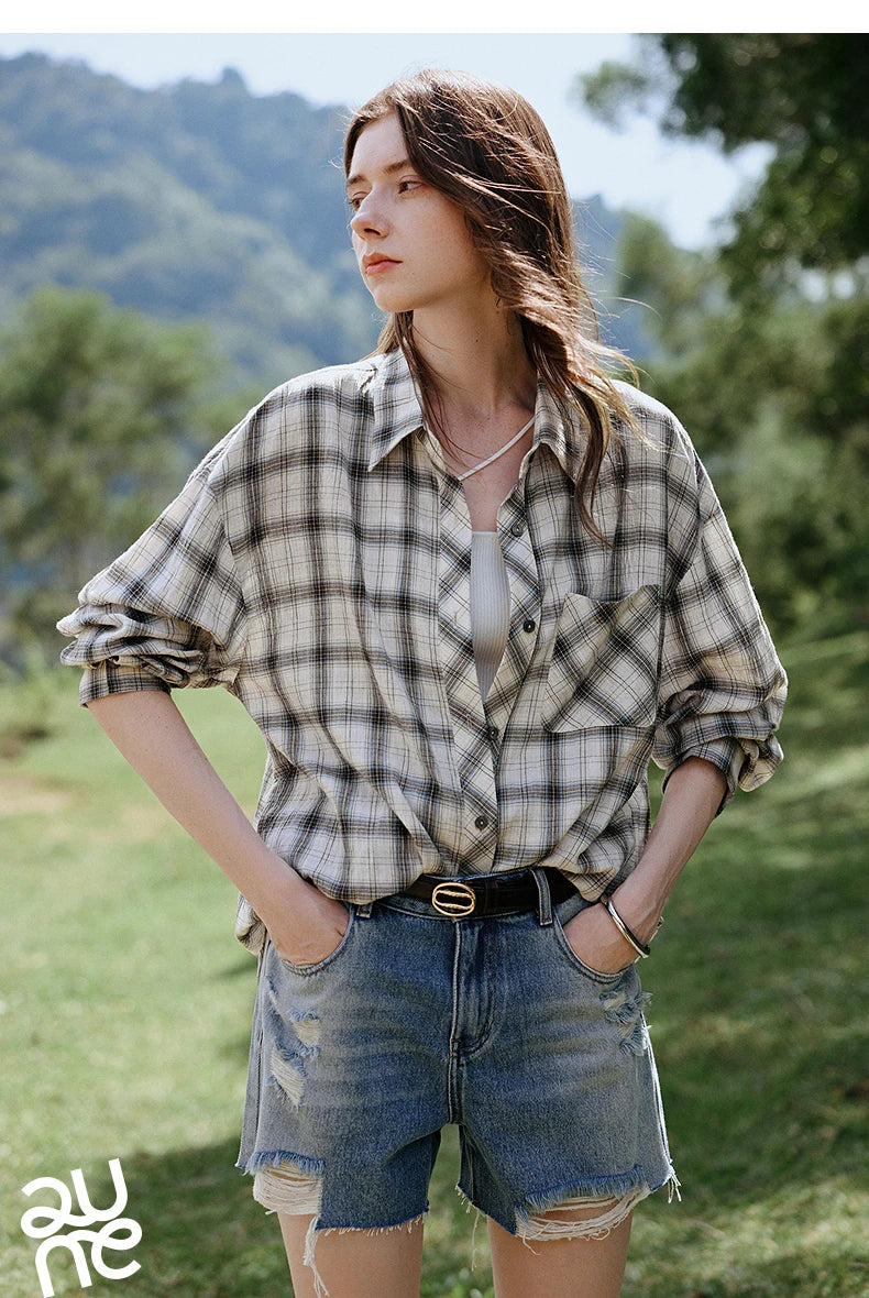 TOYOUTH Women Long Sleeve Blouse Shirt 2025 Spring New Cotton Plaid Retro Turn Down Collar Casual Shirt Tops