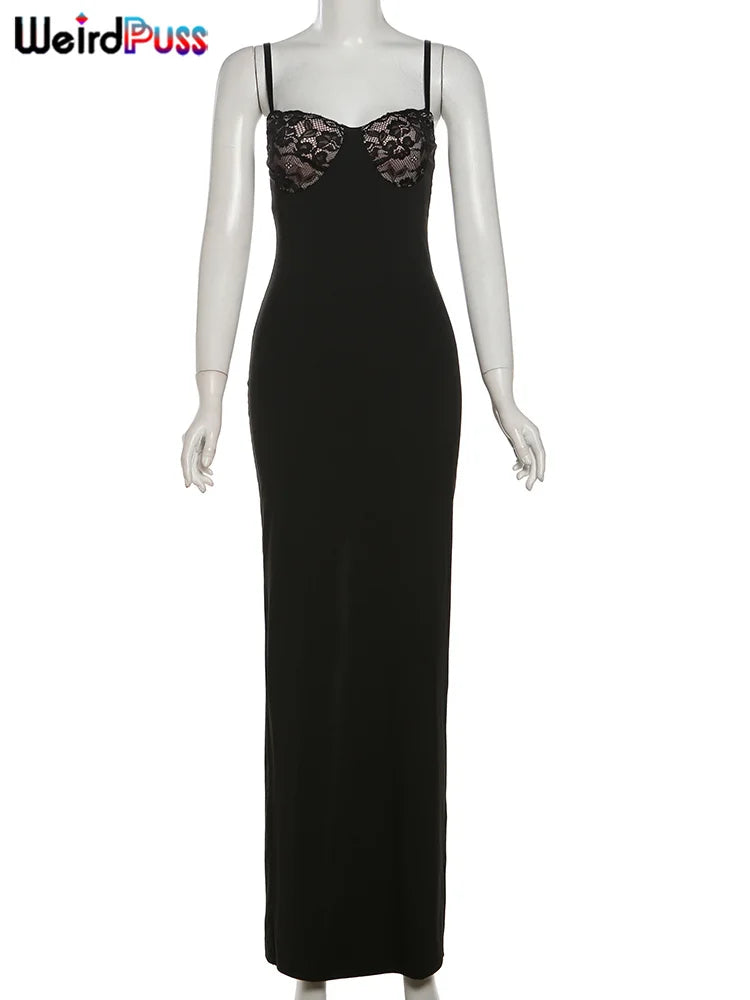 Weird Puss Sexy Camis Dress Women Skinny Patchwork Chest Summer Elegant Skinny Elastic Stretch Maxi Bodycon Clubwear Vestidos