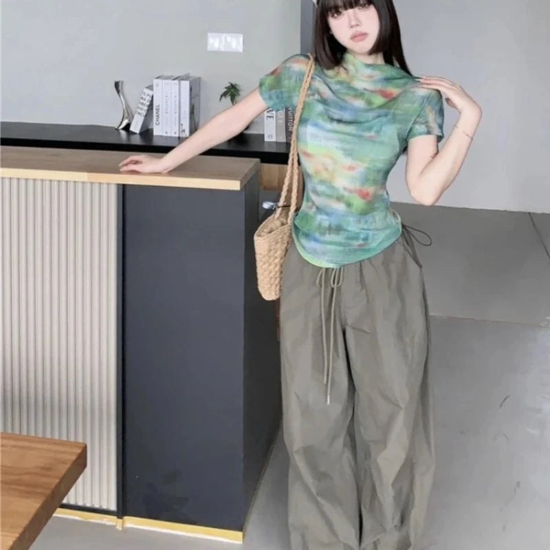 Turtleneck Woman Tops Tie DyeT Shirt for Women Japanese Vintage Fashion Korean Reviews Many Clothes Harajuku Clearance Basic