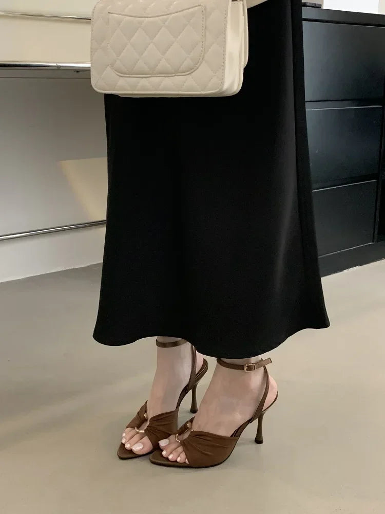 Aneikeh Summer Pointed Toe Thin High Heels Fashion Pleated Metal Buckle Strap Women Sandals Banquet Party Female Mules Shoes