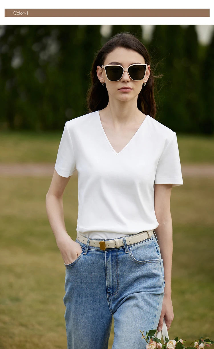 AMII Minimalism 100% Cotton Hollow Out Solid Short Sleeves Tees 2025 Spring New V Neck Top Women Casual Female T Shirt 12342289