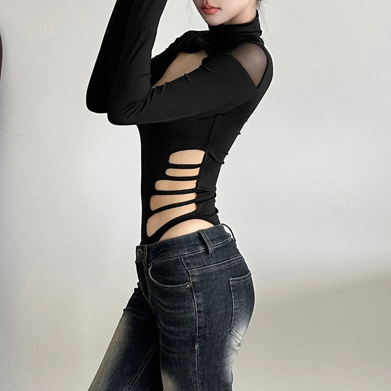 Goth Dark Hollouw Out Long Sleeve Skinny Bodysuit Women Y2K Grunge Mesh Patchwork Playsuits Mall Goth Fashion Street Bodysuits