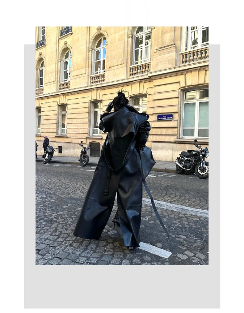 Lautaro Spring Autumn Extra Long Black Pu Leather Trench Coat for Women with Back High Slit Luxury Chic European Fashion 2024