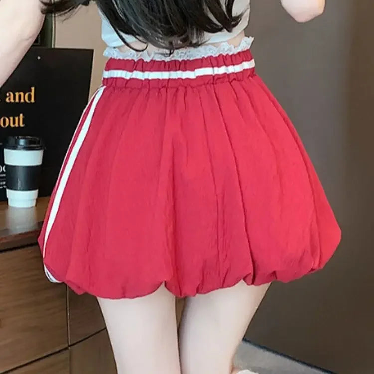 American Style Spliced Lace Stripe High Waist Half Skirt Women Summer Anti Exposure Flower Bud Puffy Short Skirt Polyester Fiber