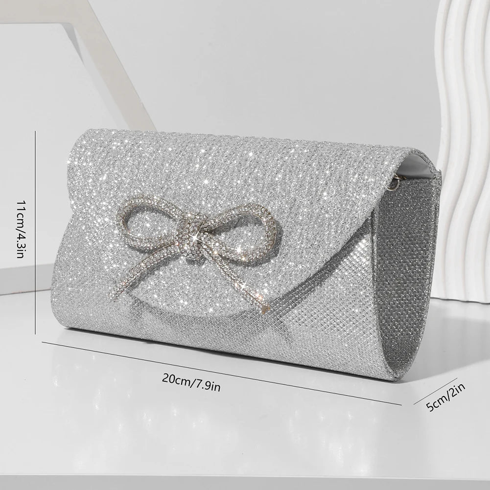 Women Elegant Evening Handbag Shiny Crystal Bow Flap Clutch Purse Envelope Dinner Evening Clutch Bags Wedding Party Prom Purse