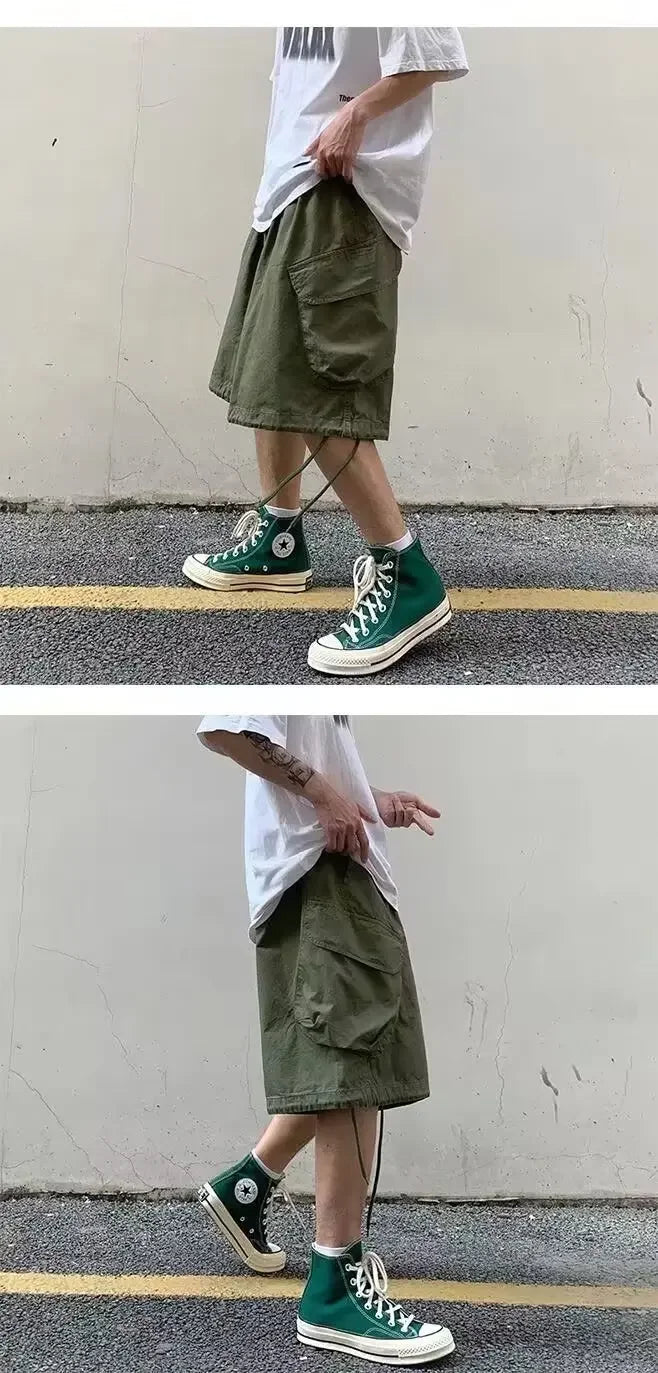 Loose Casual Men's Workwear Shorts Summer Wide Leg Drawstring Five-Quarter Pants Retro Japanese Style Outerwear Shorts