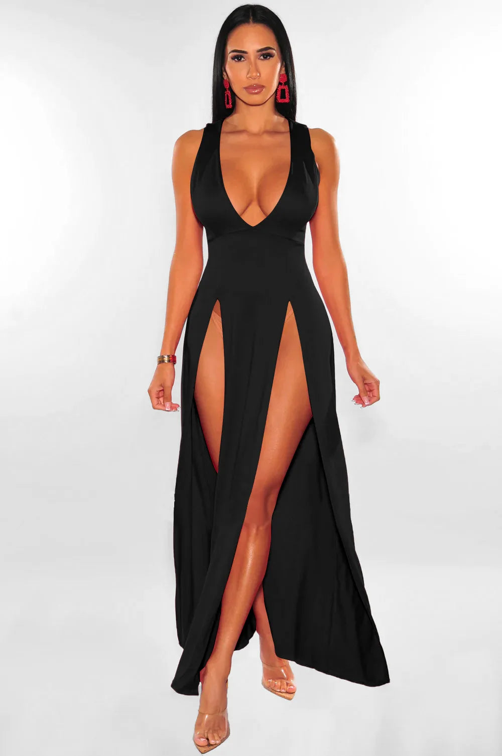 Womens Side Split Deep V Neck Bodycon Clubwear Maxi Vest Dress Sexy Sleeveless Bandage Slim Evening Cocktail Party  Long Dress