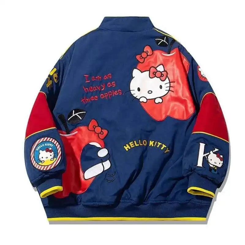 Cartoon Hellokitty Y2k Baseball Jacket Button American Retro Coats Embroidery KT Cat Harajuku Jacket Women Oversized Coat