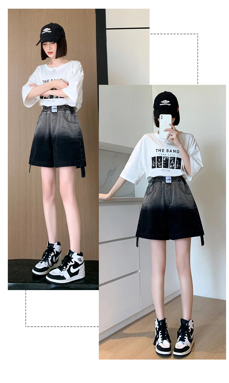Gradient Plus Size Denim Shorts For Women Summer 2024 New High Elastic Waist Pockets Wide Leg Loose Jean Short Femme Hot Sale