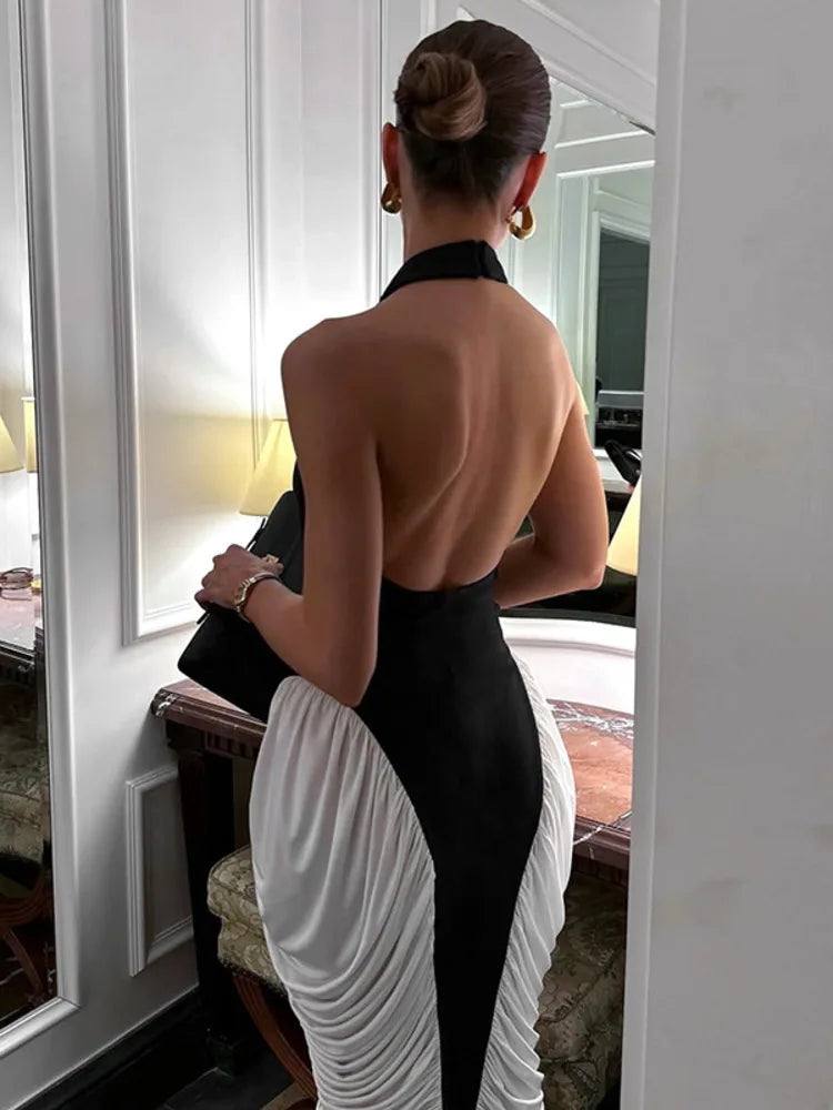 Mozision Patchwork Halter Backless Sexy Midi Dress Women Gown Elegant Fashion Contrast Color Sleeveless Pleated Long Dress