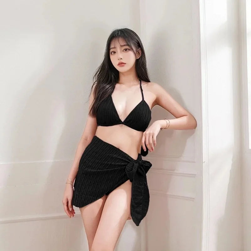 Sexy Bikini Swimsuit Women's New 2025 Three-piece Set Neck Hanging Net Skirt Hot Spring Vacation Swimwear Fashionable Chinese Br