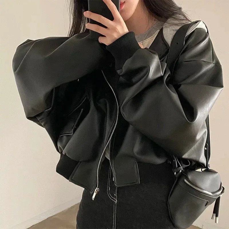 Fashion Hooded Loose Leather Jackets Women Fashion Faux Leather Coats Spring Autumn Korean PU Jackets
