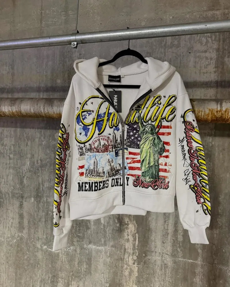 2025 European and American retro fashion men printed zipper hoodie Harajuku Goth streetwear coat couple oversized sweatshirt