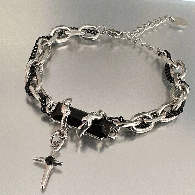 2024 Retro Black Zircon Star Bracelet for Women Men Gifts Trend Titanium Steel Chain Unisex Goth Jewelry New Couple Accessories