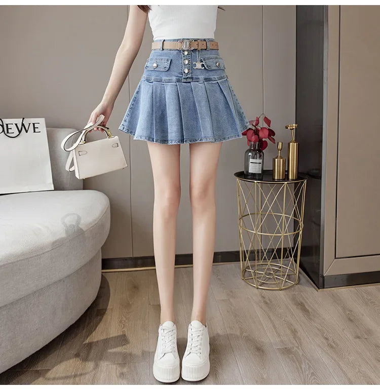 High-Waisted Denim Skirt Women's Slimming Mini Dress 2024 Spring Summer European Style Half Skirt Age-Reducing Fashionable Pleat