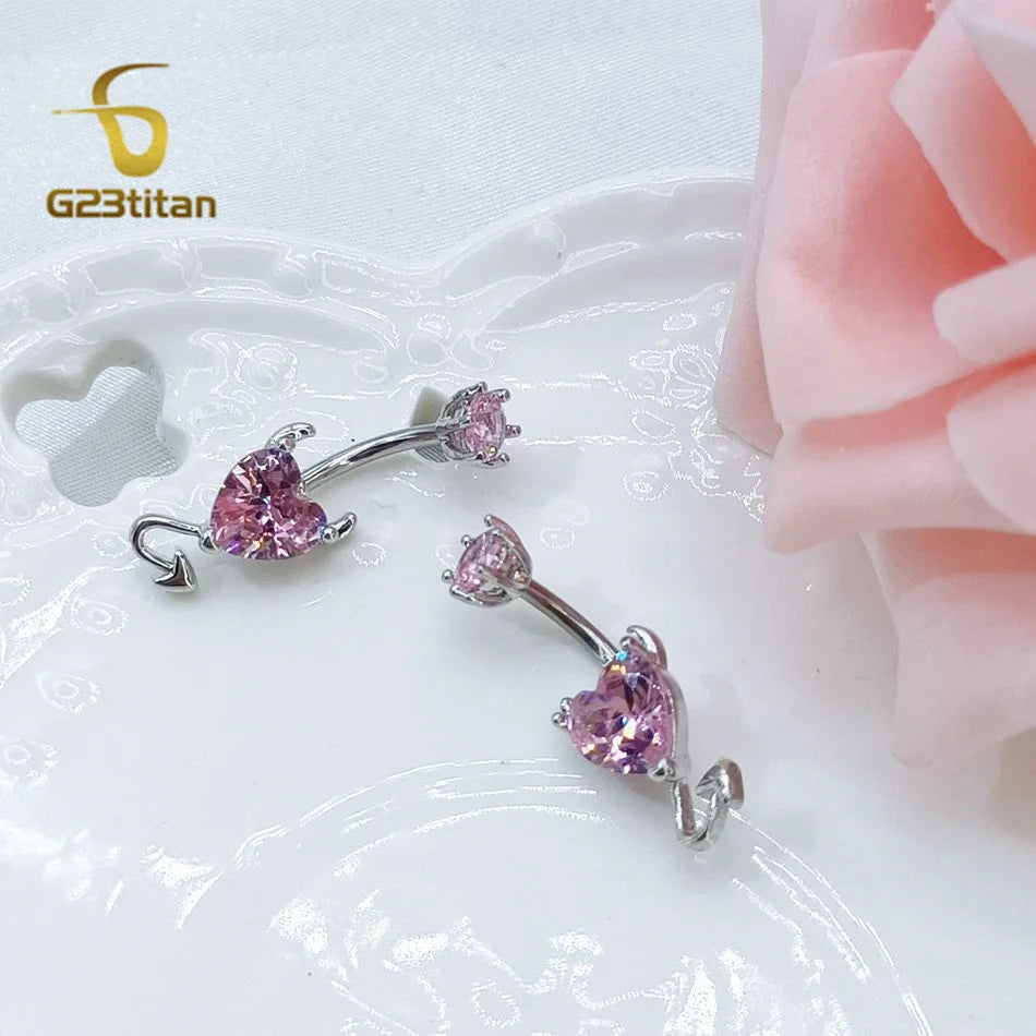 G23Titan Sexy Evil Heart Belly Button Ring Pink CZ Zircon 14G Titanium Navel Piercing Bar Women's Body Party Jewelry Accessories