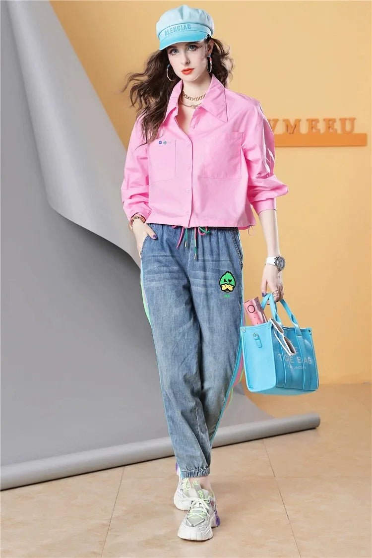 Spring and Autumn Pink Long-sleeved Printed Long-sleeved Women's Shirt Loose Polo Shirt Casual Cotton Top Women's Clothes