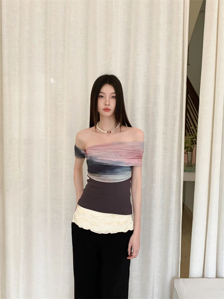 CHEERART Tie Dye Off The Shoulder Mesh Top For Women One Shoulder Designer Crop Top Fashion T Shirt Summer 2025 Clothing