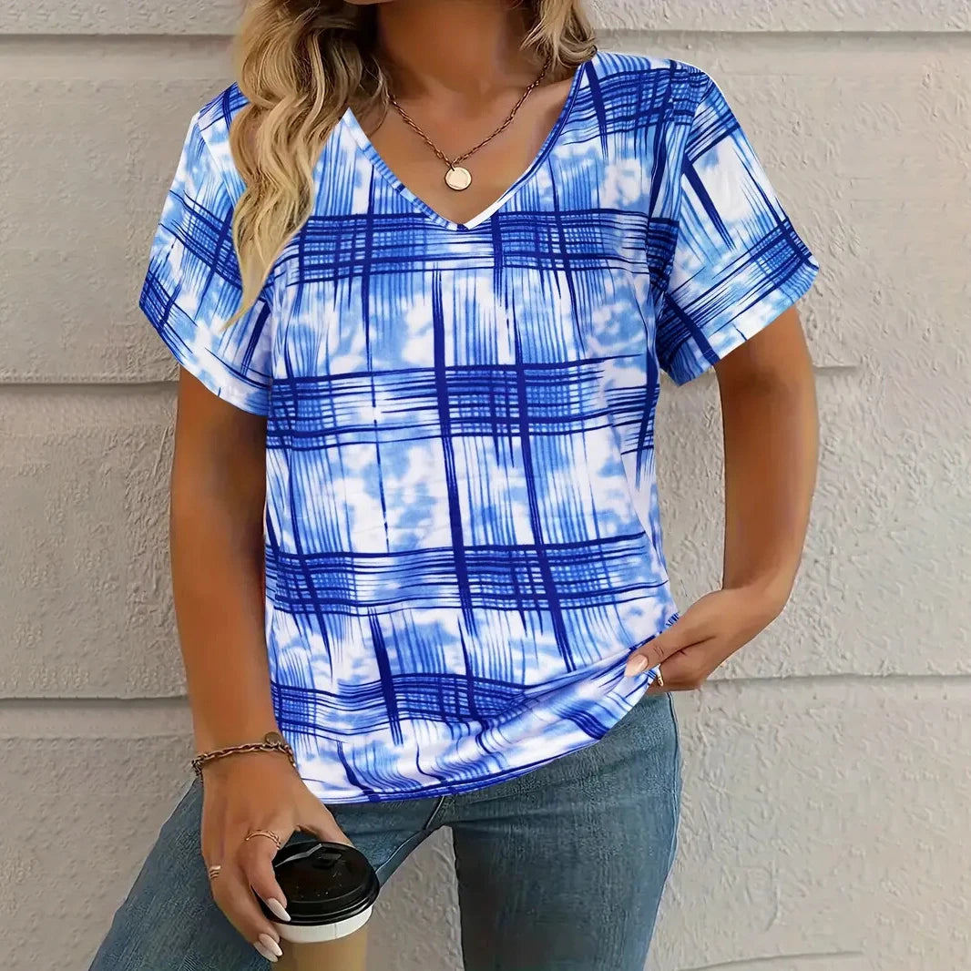 Summer Vintage Women's T-shirt Casual Plaid Pattern Printed Clothing Outdoor V-neck Short Sleeve Top Fashion Street T-Shirts