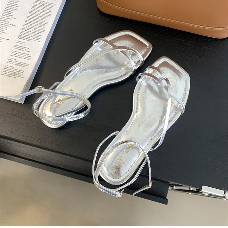 2025 Summer Gladiator Women Sandals Fashion Elegant Narrow Band Clip Toe Shoes Ladies Comfort Flats Beach Sandalias