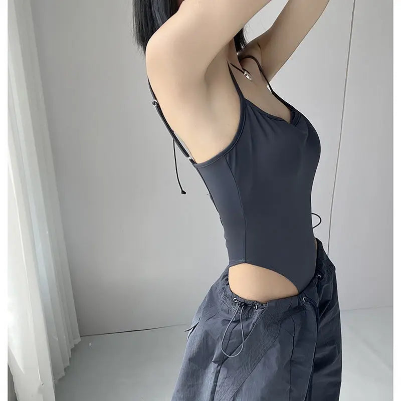Solid Backless Camis Women Summer with Chest Pad Hollow Out Crotchless Top Sexy American Style Hotsweet Streetwear Slim Thin