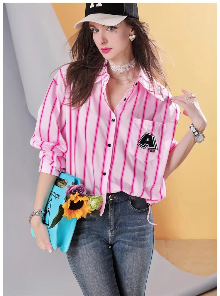 Women’s Cropped Loose Fit Striped Shirt with Letter Patch, Casual Button Down Blouse, Pink Streetwear Long Sleeve Top