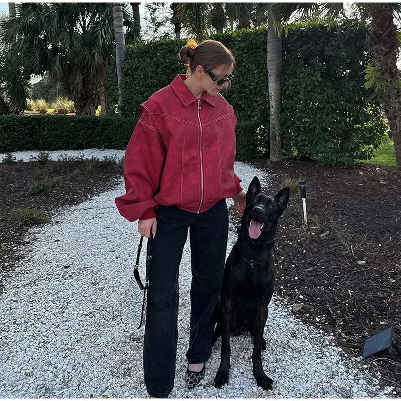 Women's Artificial Leather Short Jacket Retro Red Linen Coat Spliced Zipper Jacket Autumn Women's Lapel Pocket Street Sportswear