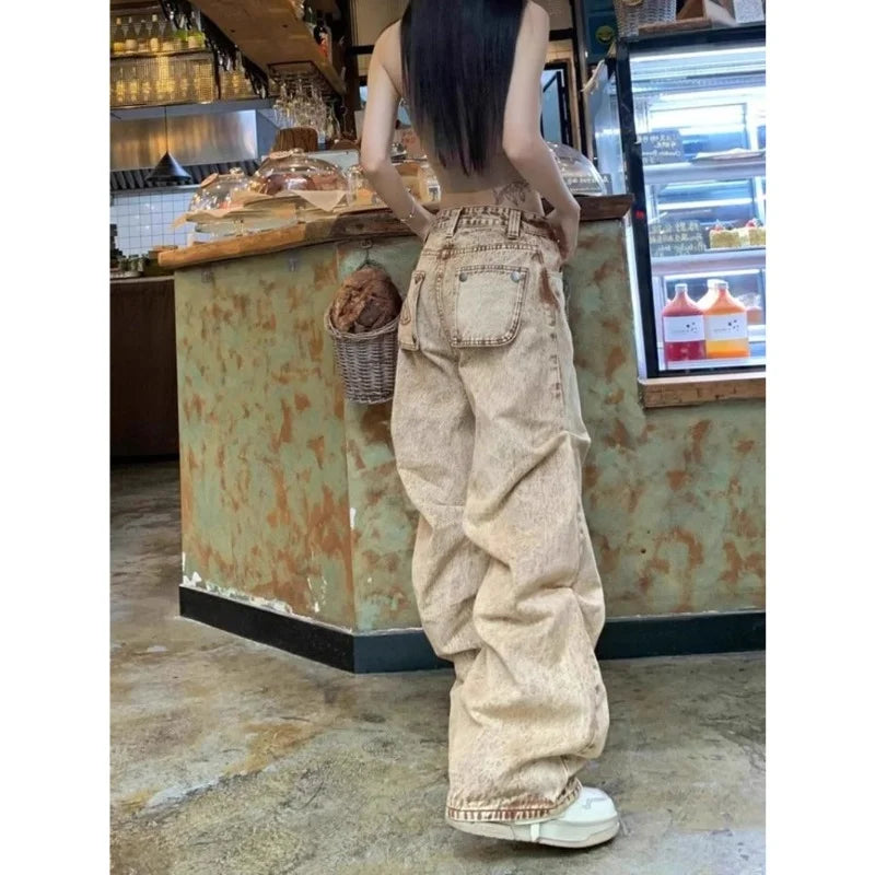 American Khaki Desert Fengshui Wash Jeans Retro Pleated Design Loose Fashion Street Hot Girl Casual High Waist Wide Leg Jeans