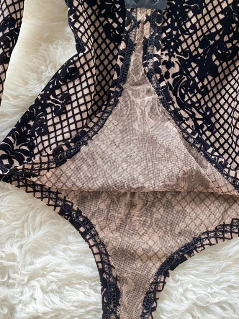 Autumn New Floral Print Bodysuit for Women Fashion Streetwear Elegant Stand Collar Long Sleeve Tight Fit Mesh Body Top Chic 2024