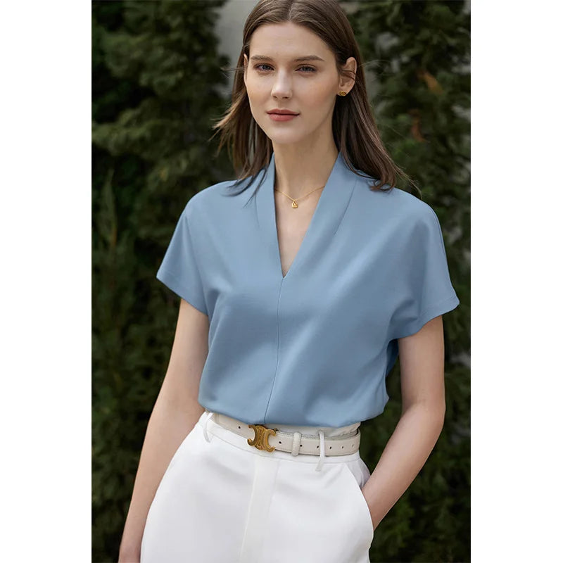 AMII Minimalism 2023 Summer Women's T-shirt Classic Style Casual V-neck Short Sleeve Solid Stretch Female Tops & Tees 12312013