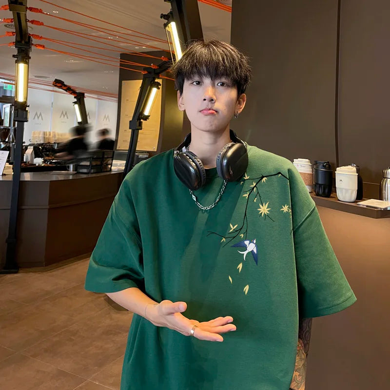 Men's Oversized T-shirts Mens Cotton T Shirt White Casual 5XL Summer Wear Fashion Bird Print Tee Shirts for Men Clothing