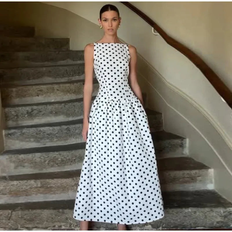 Elegant Women Polka Dot Maxi Dresses Chic Sleeveless Round Neck High Waist Slim Long Vestidos 2025 Lady Party Street New Dress
