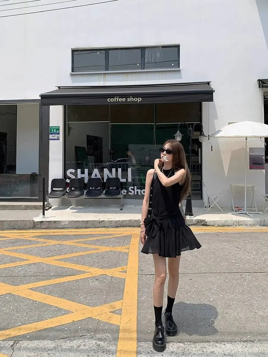 French Style Off-Shoulder Blue Summer Dress Women's Fashion Knot Waist A- Line Mini Skirt Black Short Skirt Sleeveless Gown